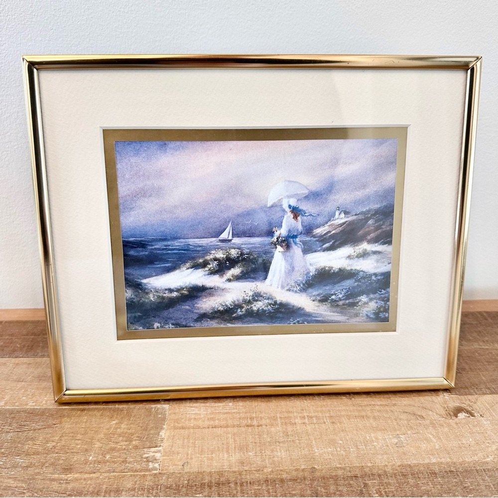 Vintage Framed Matted Print of Lady by a Lake Sailboat Gold Frame Parasol 8 X 10